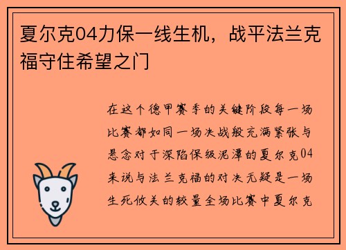 夏尔克04力保一线生机，战平法兰克福守住希望之门